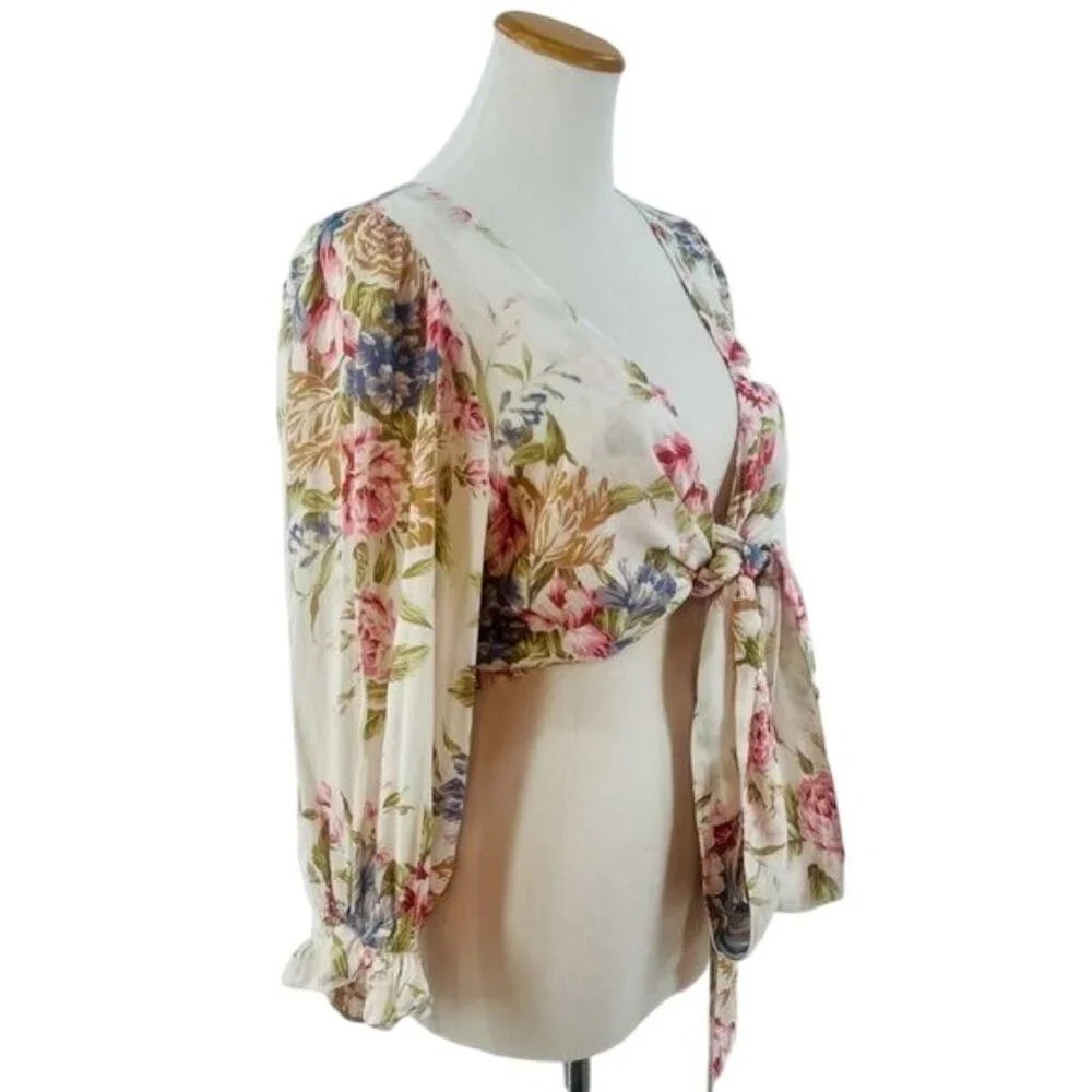 Auguste Vintage Inspired Floral Boho Tie Front Wrap Top Blouse - Picture 3 of 16